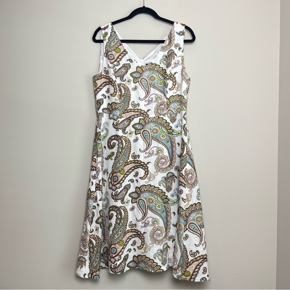 Premise White‎ Brown Paisley Boho Lagenlook Linen Blend Mini Zipper Dress Sz 10
